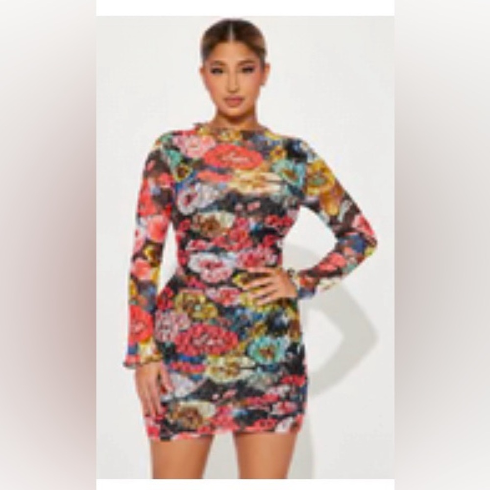 Fashion Nova Multicolor Floral Long Sleeve Bodycon Dress